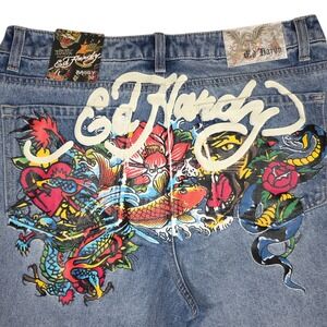 Ed Hardy Womens 32 NWT Baggy Wide Leg Jeans Dragon Koi Tattoo Y2K
